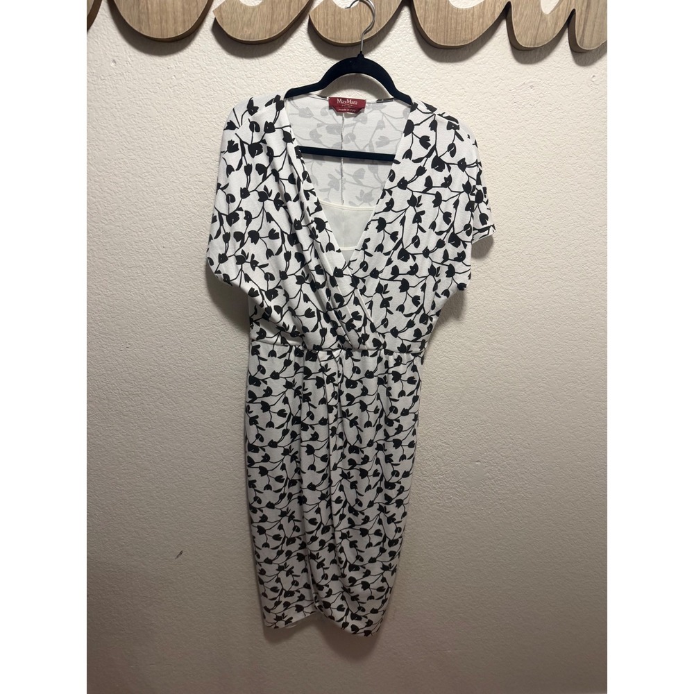 Max Mara Studio Dress Womens White Black Floral Sheath V-Neck Made in Italy